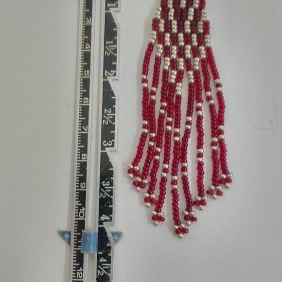 Handcrafted Traditional Beaded Fringe Earrings, Burgundy and Gold - Picture 4 of 6